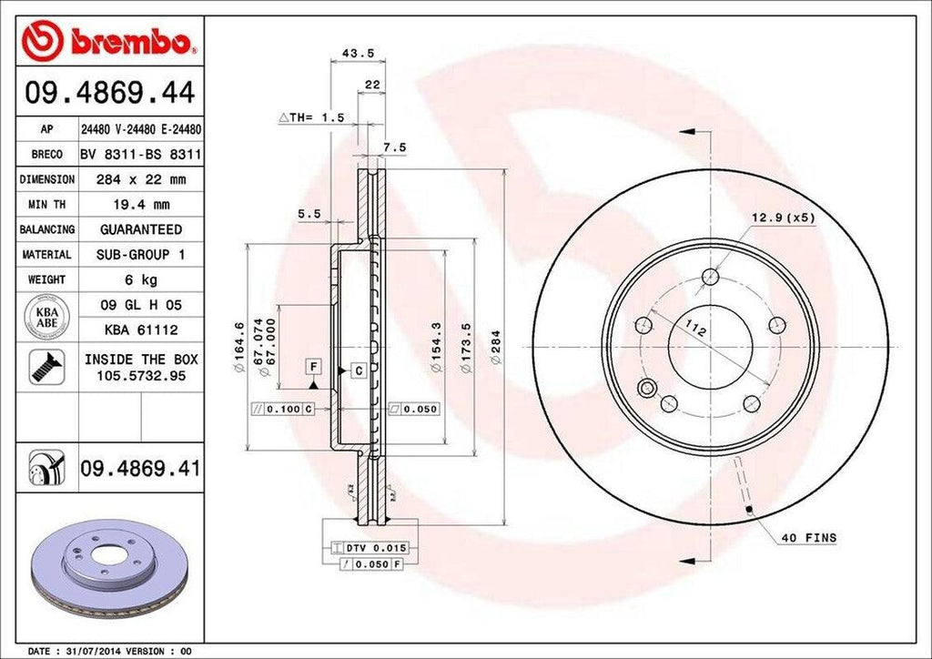 Brembo Front Disc Brake Rotor for C230, C280, C220 (09.4869.41)
