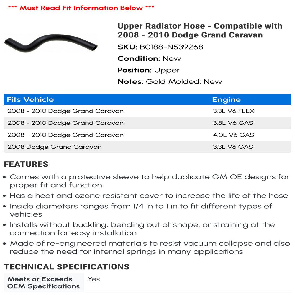 Upper Radiator Hose - Compatible with 2008 - 2010 Dodge Grand Caravan 2009