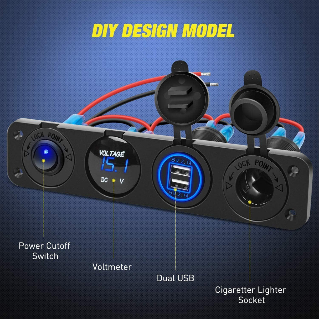 4 in 1 ON/OFF Charger Socket Panel Dual USB Socket Power Outlet & LED Voltmeter &Cigarette Lighter Socket& LED Lighted on off Rocker Toggle Switch for Truck Car Marine Boats RV,2 Yeas Warranty