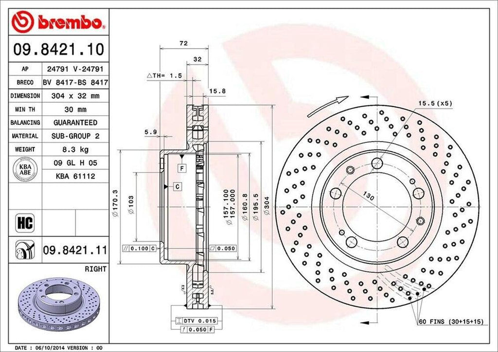 Brembo Front Passenger Side Disc Brake Rotor for 1994-1998 911 (09.8421.11)