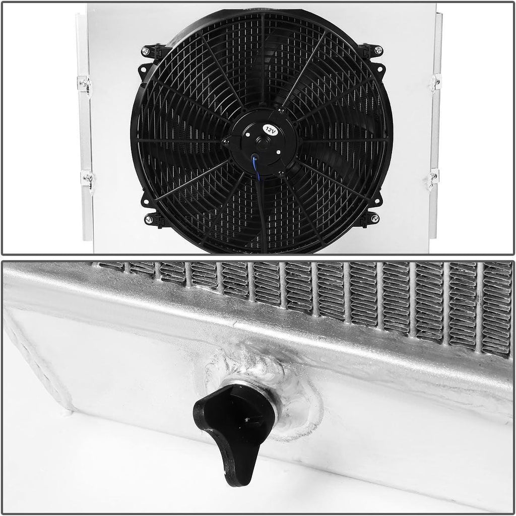 RA+FS-SBC55-3 3-Row Radiator with Fan Shroud Compatible with 55-57 Chevy Bel-Air/Nomad/One-Fifty (150) Series/Two-Ten Series (210) Series V8 MT