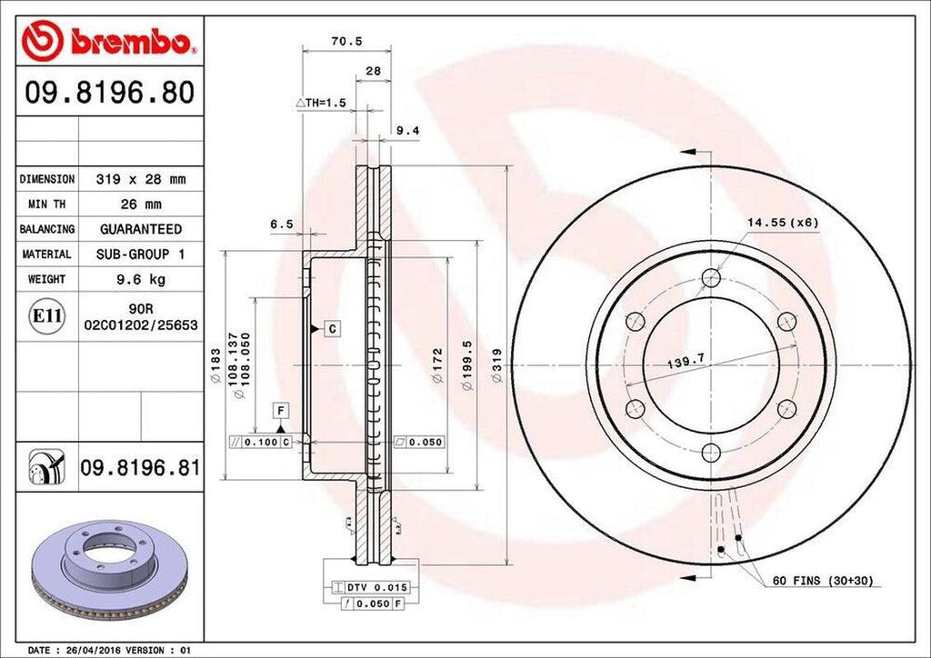 Brembo Front Disc Brake Rotor for Sequoia, Tundra (09.8196.81)