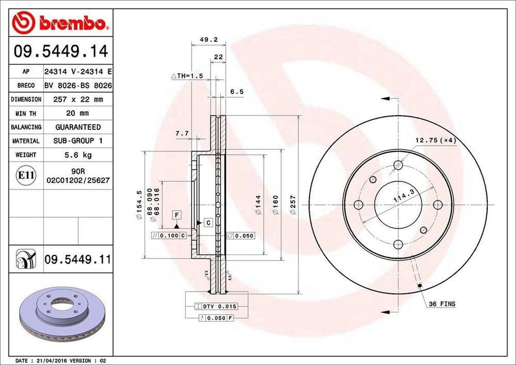 Front Disc Brake Rotor for Sentra, 240SX, G20, Stanza, Axxess (09.5449.11)