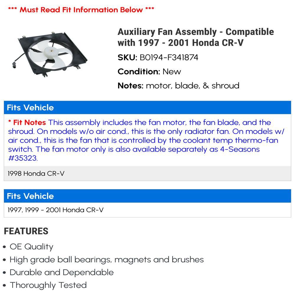 Auxiliary Fan Assembly - Compatible with 1997 - 2001 Honda CR-V 1998 1999 2000
