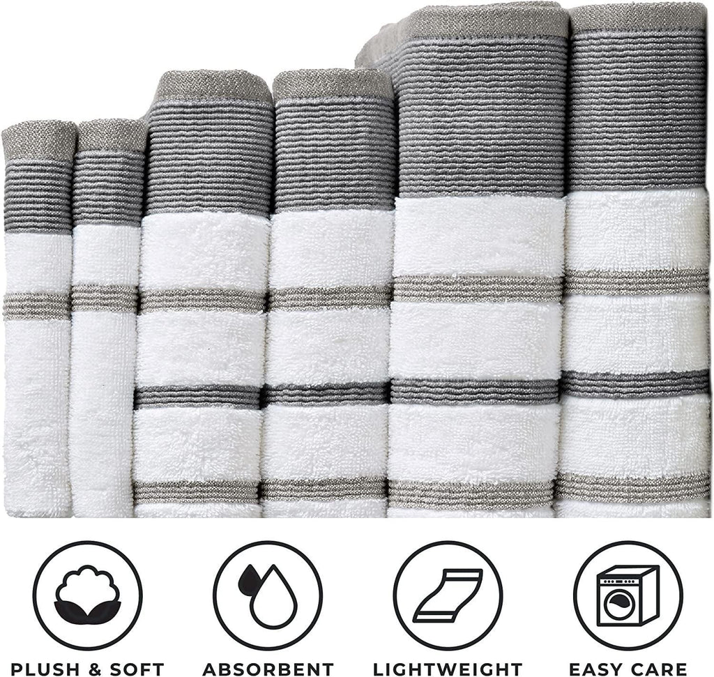 Towel, 6-Piece Luxury Hotel/Spa Cotton Striped Towel Set, 500 GSM. Includes Bath Towels, Hand Towels and Washcloths, Noelle Collection, Dark Grey/Light Grey