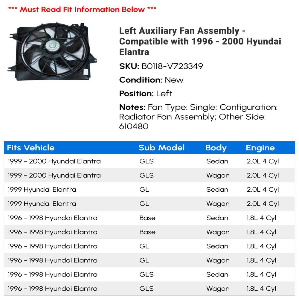 Left Auxiliary Fan Assembly - Compatible with 1996 - 2000 Hyundai Elantra 1997 1998 1999