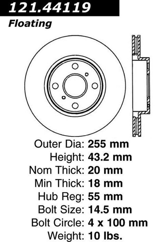 Centric Front Disc Brake Rotor for Echo, MR2 Spyder, Yaris (121.44119)