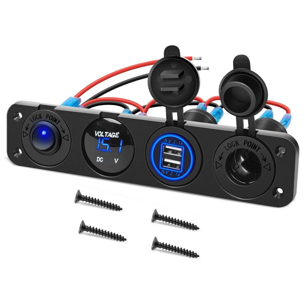 4 in 1 ON/OFF Charger Socket Panel Dual USB Socket Power Outlet & LED Voltmeter &Cigarette Lighter Socket& LED Lighted on off Rocker Toggle Switch for Truck Car Marine Boats RV,2 Yeas Warranty