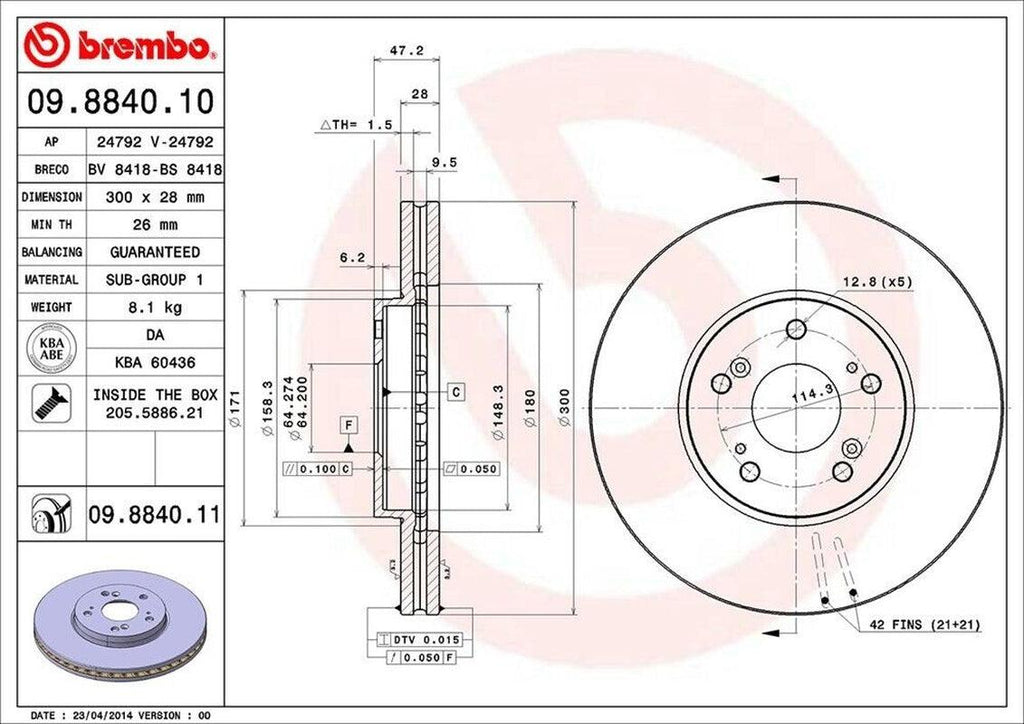 Front Disc Brake Rotor for TSX, Accord, TL, Pilot, MDX, Odyssey, CL (09.8840.11)