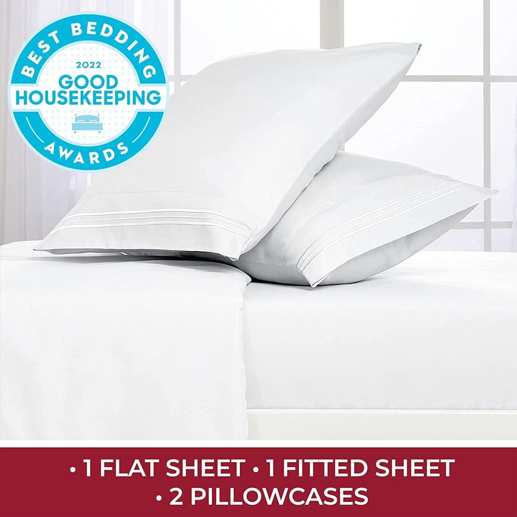 Queen Sheet Set - Iconic Collection Bedding Sheets & Pillowcases - Hotel Luxury, Extra Soft, Cooling Bed Sheets - Deep Pocket up to 16" - Wrinkle, Fade, Stain Resistant - 4 PC (Queen, White)