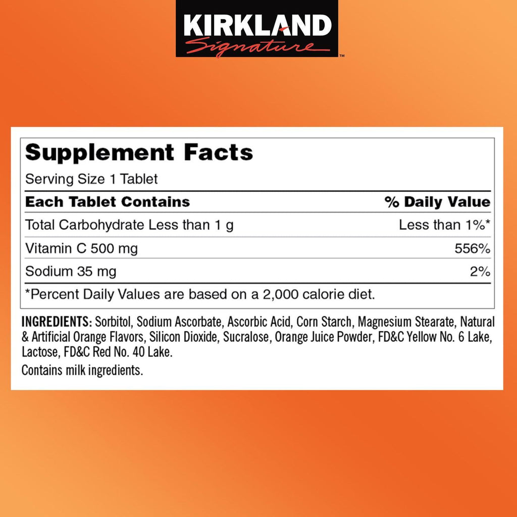 2 PACK - Kirkland Vitamin C (500 Mg), Tangy Orange, Chewable Tablets, 500 Count