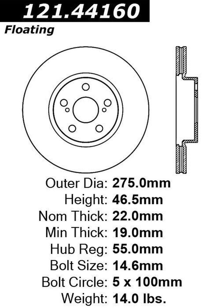 Centric Front Disc Brake Rotor for Corolla, Xd, Matrix, Vibe (121.44160)