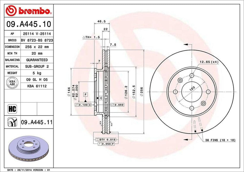 Brembo Front Disc Brake Rotor for Accent, Rio, Rio5 (09.A445.11)