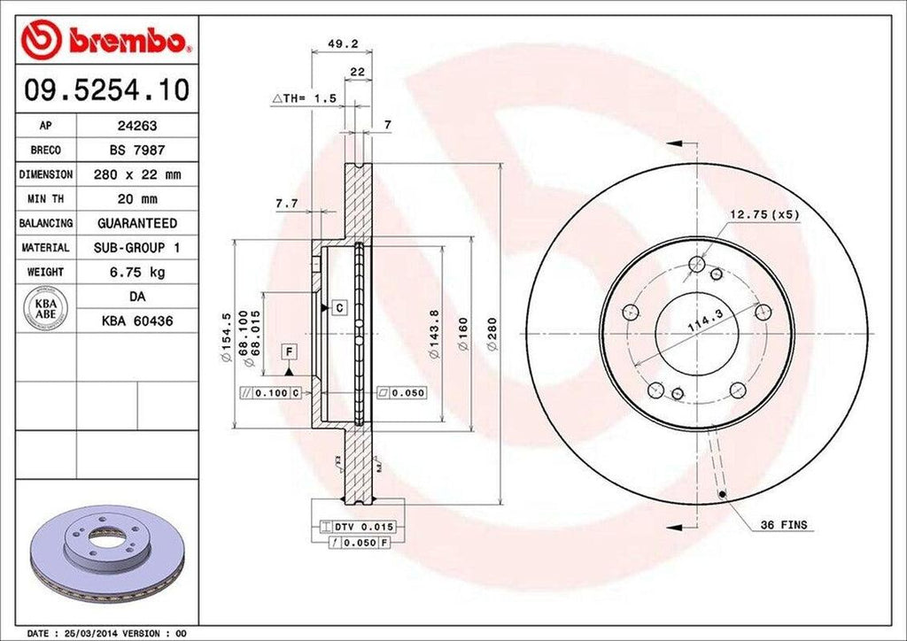 Brembo Front Disc Brake Rotor for I30, Maxima (09.5254.10)