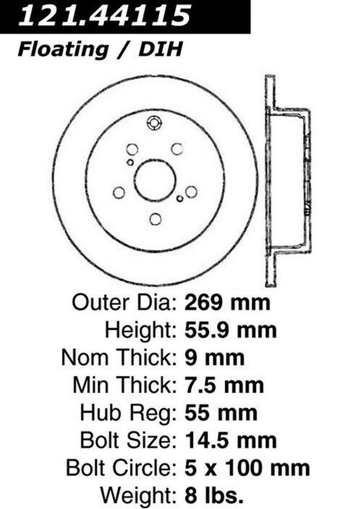 Centric Rear Disc Brake Rotor for Tc, Matrix, Vibe, Corolla, Celica (121.44115)