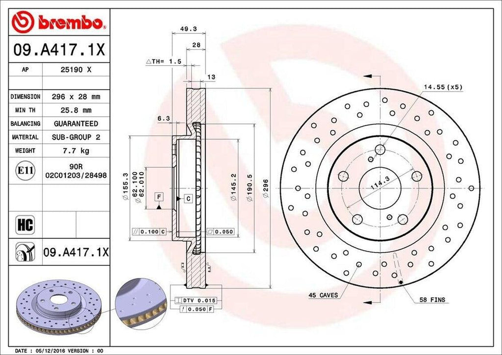 Front Disc Brake Rotor for Mirai, Es300H, ES350, Corolla Im+More (09.A417.1X)