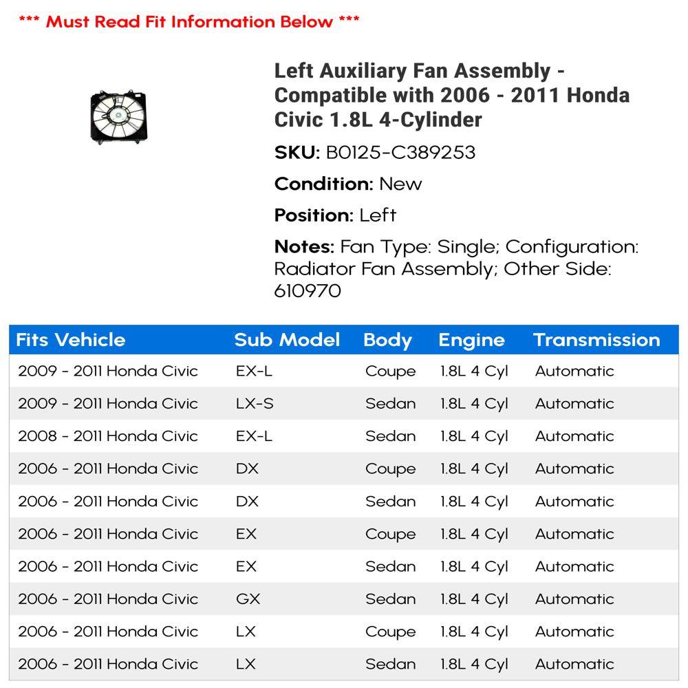 Left Auxiliary Fan Assembly - Compatible with 2006 - 2011 Honda Civic 1.8L 4-Cylinder 2007 2008 2009 2010