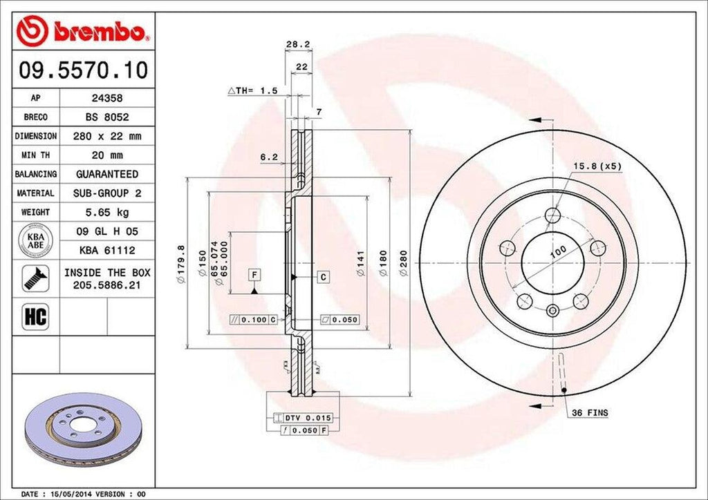 Brembo Front Disc Brake Rotor for Golf, Jetta, Passat, Corrado (09.5570.10)