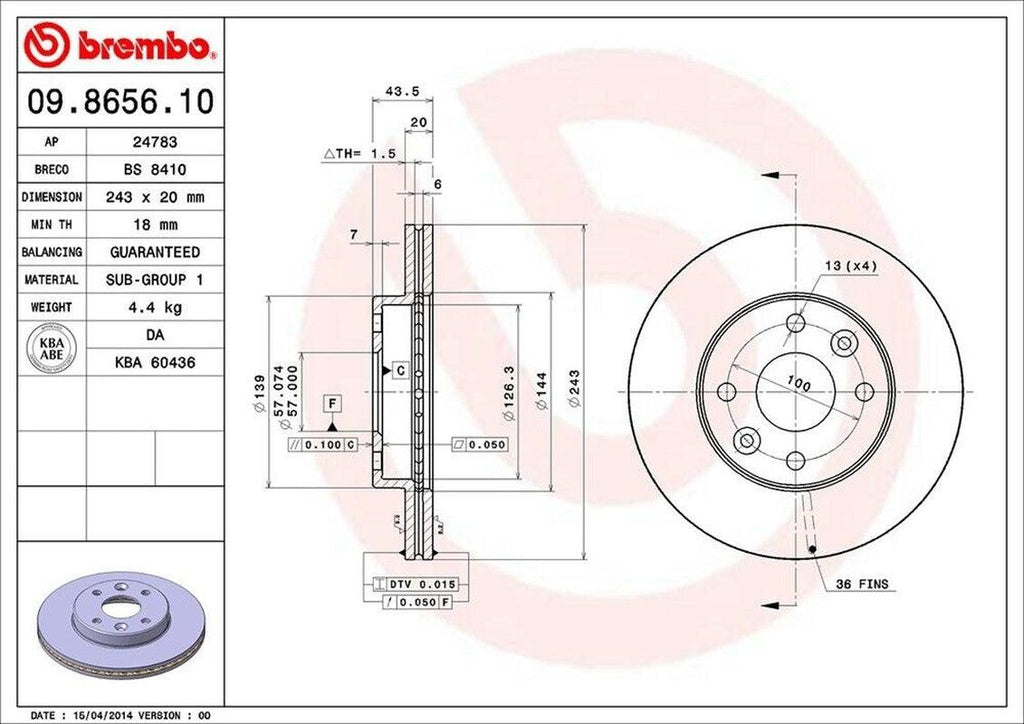 Brembo Front Disc Brake Rotor for Kia (09.8656.10)