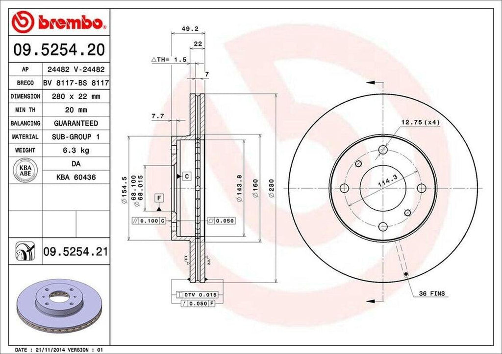 Brembo Front Disc Brake Rotor for G20, Altima (09.5254.21)