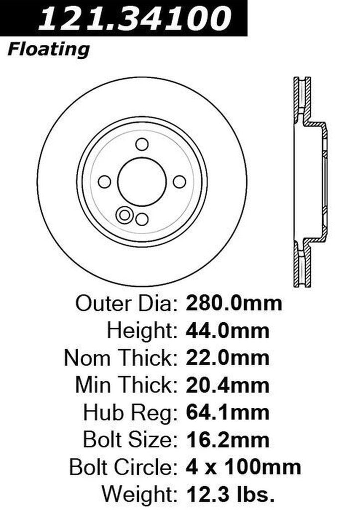 Centric Front Disc Brake Rotor for 07-15 Cooper (121.34100)