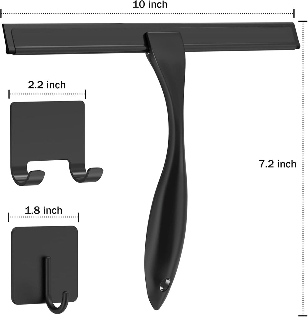 All-Purpose Stainless Steel Shower Squeegee for Shower Glass Door with 2 Adhesive Hooks, Bathroom Cleaner Tool Household Window Mirror Squeegee , Cleaning Tile Wall, Car, 10 Inch Silver