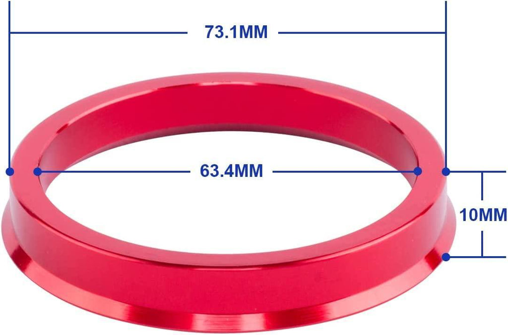 VLAOSCHI Red Alloy Aluminum Hub Centric Rings 63.4 to 73.1 - Performance Wheel Hubcentric Rings for 63.4mm Vehicle Hub with 73.1mm Center Bore Rims - Pack of 4