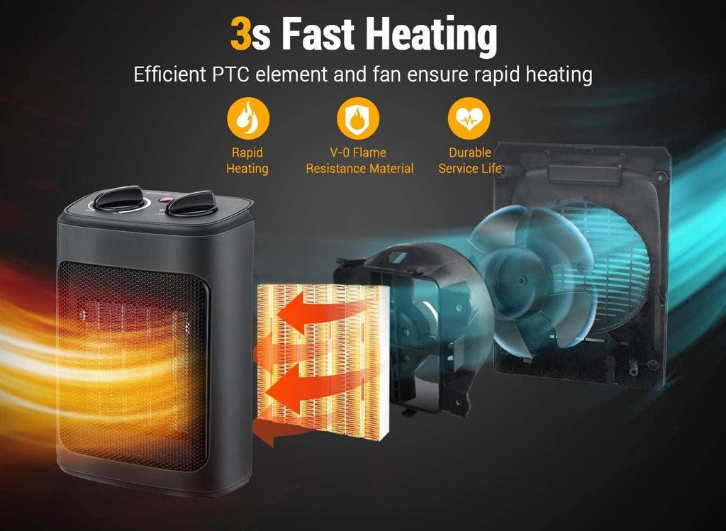 Space Heater, 1500W Electric Heaters Indoor Portable with Thermostat, PTC Fast Heating Ceramic Room Small Heater with Heating and Fan Modes for Bedroom, Office and Indoor Use