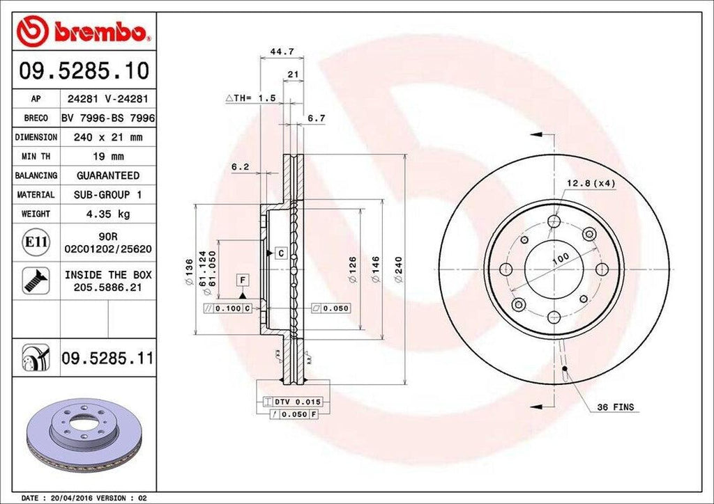 Brembo Front Disc Brake Rotor for Civic, Civic Del Sol, CRX (09.5285.11)