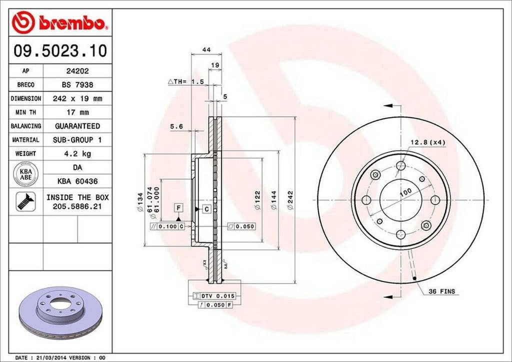 Brembo Front Disc Brake Rotor for Civic, CRX, Integra (09.5023.10)