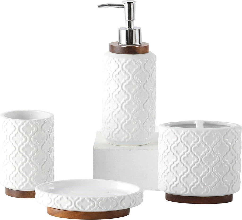 RQYIXI Bathroom Accessories Set 4 Pcs Toothbrush Holder Soap Dispenser Set Ceramic and Wood Bathroom Set Contain Toothbrush Cup Soap Dispenser Soap Dish Tumbler