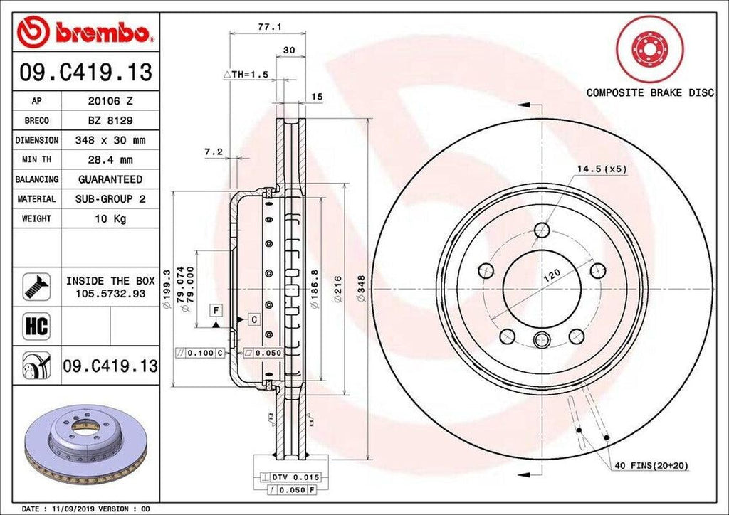Brembo Front Disc Brake Rotor for 535I, 550I, 650I, 545I, 645Ci (09.C419.13)