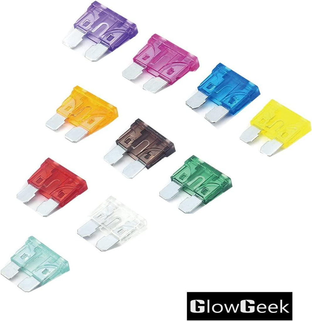 GlowGeek 100pcs Assorted Auto Car Truck Standard Blade Fuse Assortment 2A 3A 5A 7.5 A 10A 15A 20A 25A 30A 35A Car Boat Truck SUV Automotive Replacement Fuses