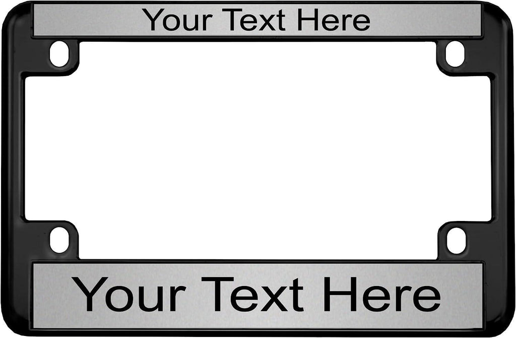 Motorcycle Personalized Black Metal Laser Engraved Standard USA Size (4”x 7”) with Custom Text Design - Moto License Plate Frame - Black / Red Text