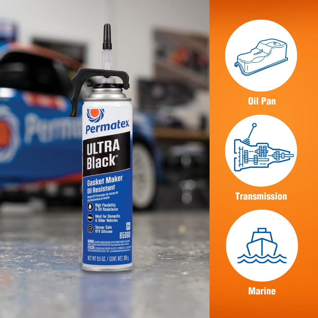 Permatex 82180 Ultra Black Maximum Oil Resistance RTV Silicone Gasket Maker, Sensor Safe And Non-Corrosive, For High Flex And Oil Resistant Applications 3 oz