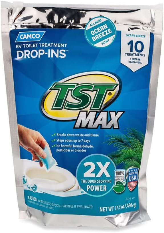 Camco TST MAX RV Toilet Treatment Drop-INs - Control Unwanted Odors & Break Down Waste and Tissue - Safe Septic Tank Treatment - Orange Scent, 30-Pack (41183)