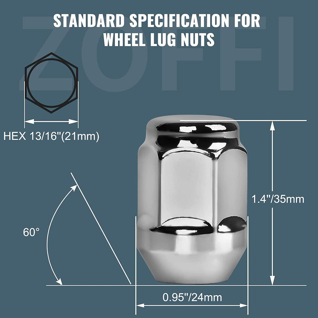 ZOFFI 20PCS M12x1.5 Chrom Lug Nuts - Replacement for 2006-2019 Ford Fusion, 2012-2018 Ford Focus, 2002-2006 Acura MDX, 2004-2008 Acura TLX Aftermarket Wheel - 1.38" Long, 13/16" Hex