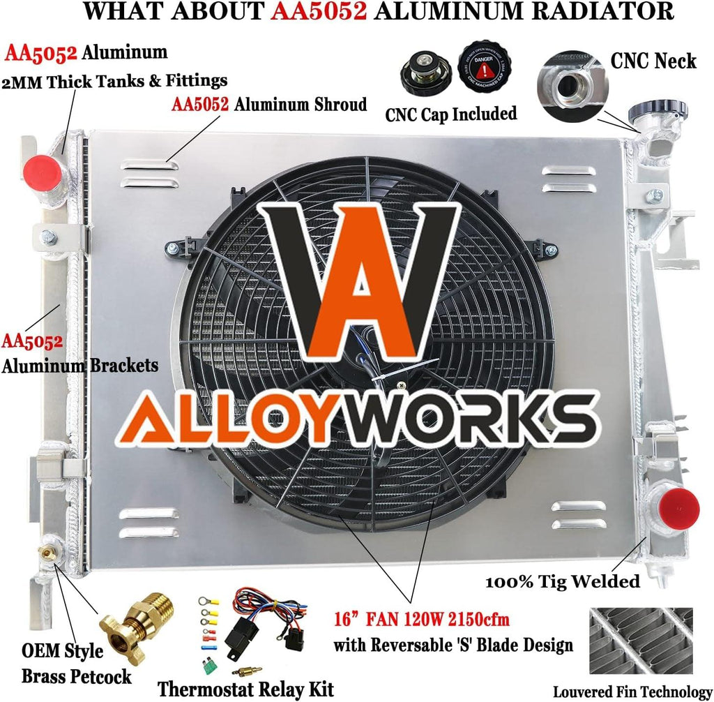 ALLOYWORKS 3 Row Aluminum Radiator+Shroud Fan+Thermostat for 2003-2009 Dodge Ram 1500 2500 3500 L6 V6 V8 V10 3.4L 3.7L 3.8L 3.9L 4.7L 5.7L 5.9L 8.0L 8.3L