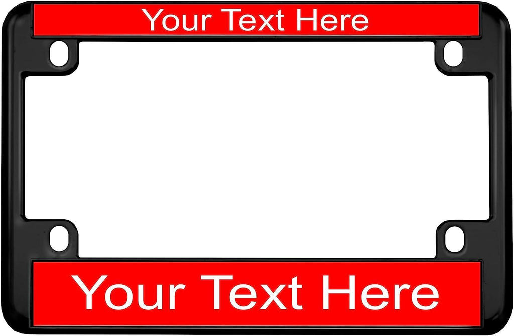 Motorcycle Personalized Black Metal Laser Engraved Standard USA Size (4”x 7”) with Custom Text Design - Moto License Plate Frame - Black / Red Text