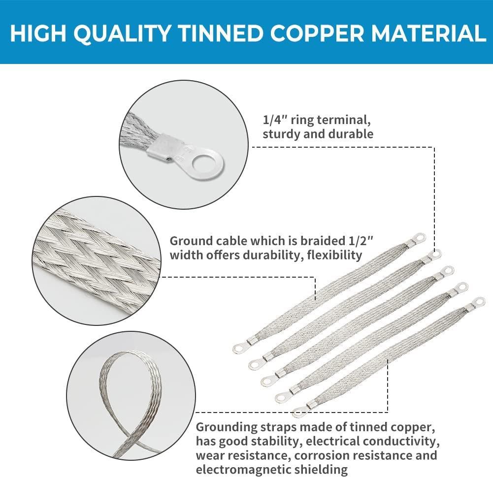 5pcs 8" x 1/2" Braided Ground Straps,Motoparty Tinned Copper ground strap automotive with 1/4" Ring to 1/4" Ring terminal connectors