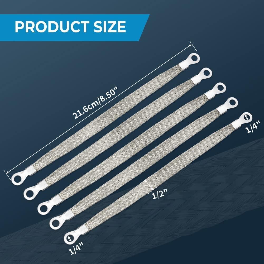 5pcs 8" x 1/2" Braided Ground Straps,Motoparty Tinned Copper ground strap automotive with 1/4" Ring to 1/4" Ring terminal connectors