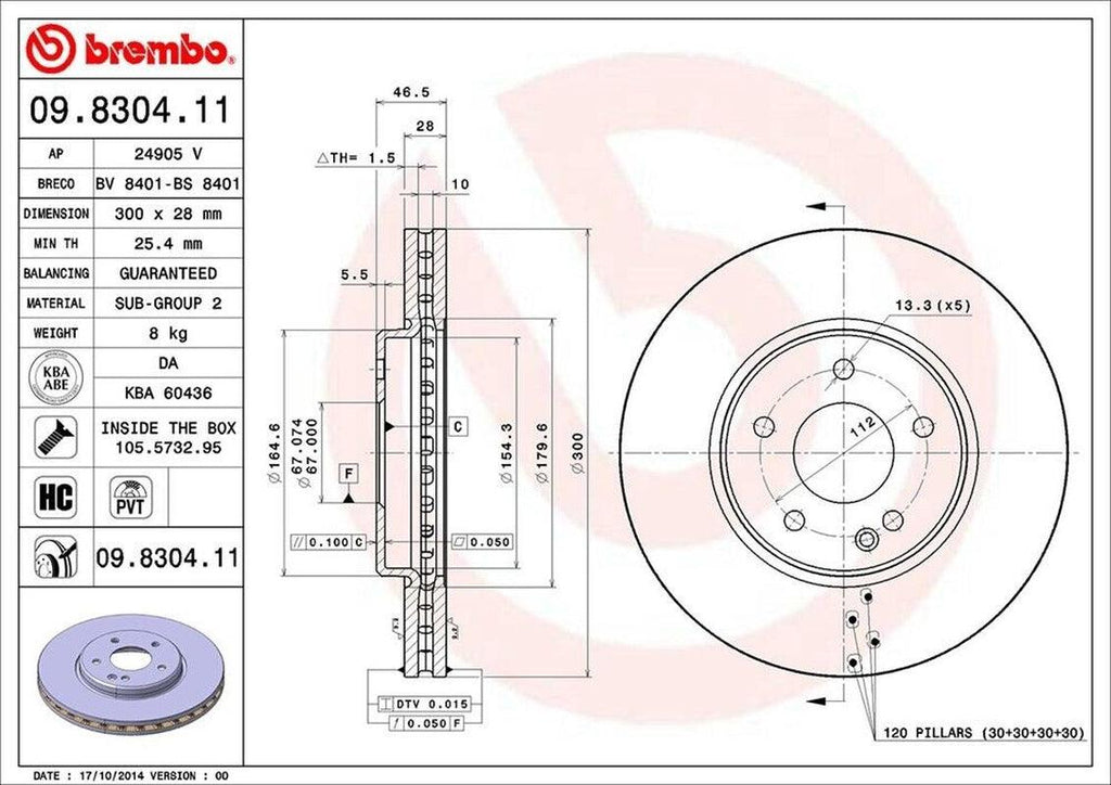Front Disc Brake Rotor for Crossfire, SLK320, CLK320, Clk430+More (09.8304.11)