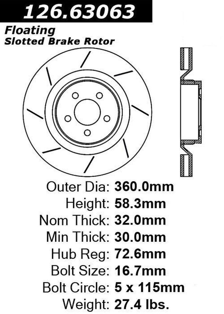 Centric Front Disc Brake Rotor for 300, Challenger, Charger, Magnum (126.63063)