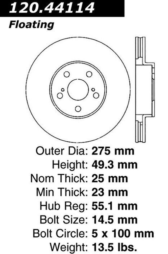 Centric Front Disc Brake Rotor for Tc, Vibe, Corolla, Matrix, Celica (120.44114)