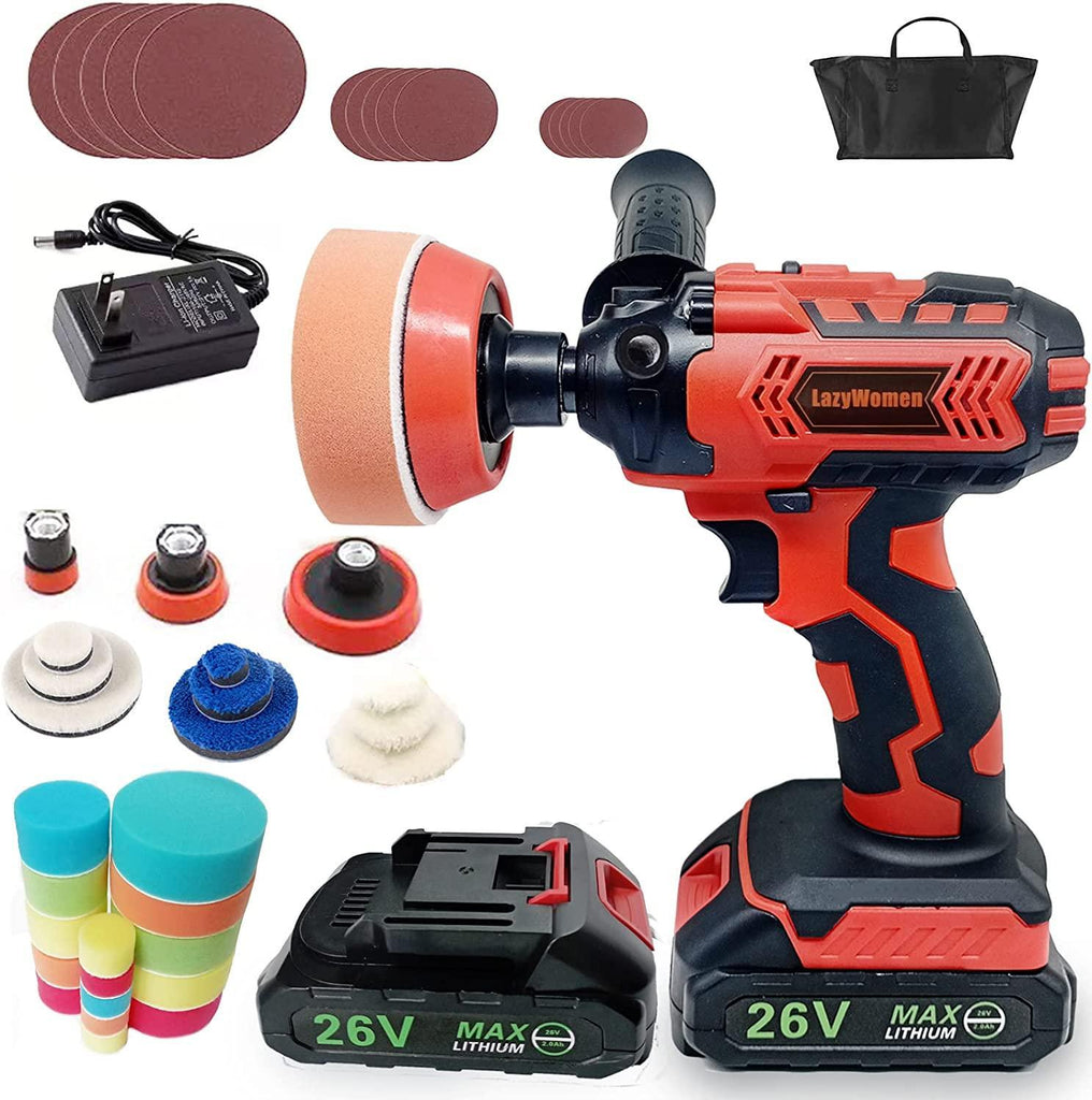 LazyWomen Car Cordless Buffer Polisher Kit, 27pcs Car Detailing Kit with 2 X 2.0ah Li-Ion Batteries, for Buffer for Car Detailing & Car Polishing & Car Scratch Repairing & Appliance Ceramic (red)