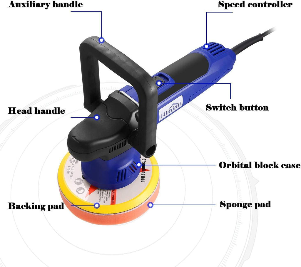Buffer Polisher, Himimi 6 Inch Dual Action Polisher, 6 Variable Speeds Car Buffer Polisher with Foam/Wool Pads, Detachable D & Side Handles DA Polisher, Waxer Polisher for Car Detailing