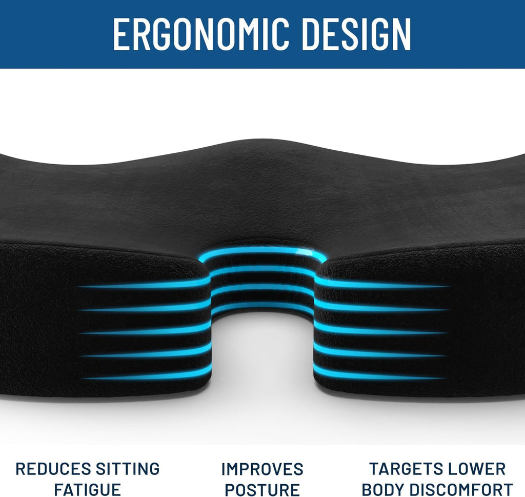 Everlasting Comfort Doctor Recommended Memory Foam Seat Cushion for Office Chairs & Car Seat - Ergonomic Office Desk Accessories for Tailbone Pain Relief, Sciatica & Back Support