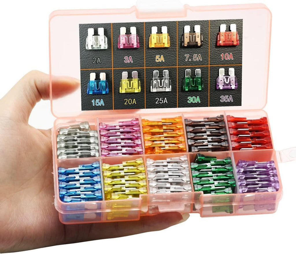 GlowGeek 100pcs Assorted Auto Car Truck Standard Blade Fuse Assortment 2A 3A 5A 7.5 A 10A 15A 20A 25A 30A 35A Car Boat Truck SUV Automotive Replacement Fuses