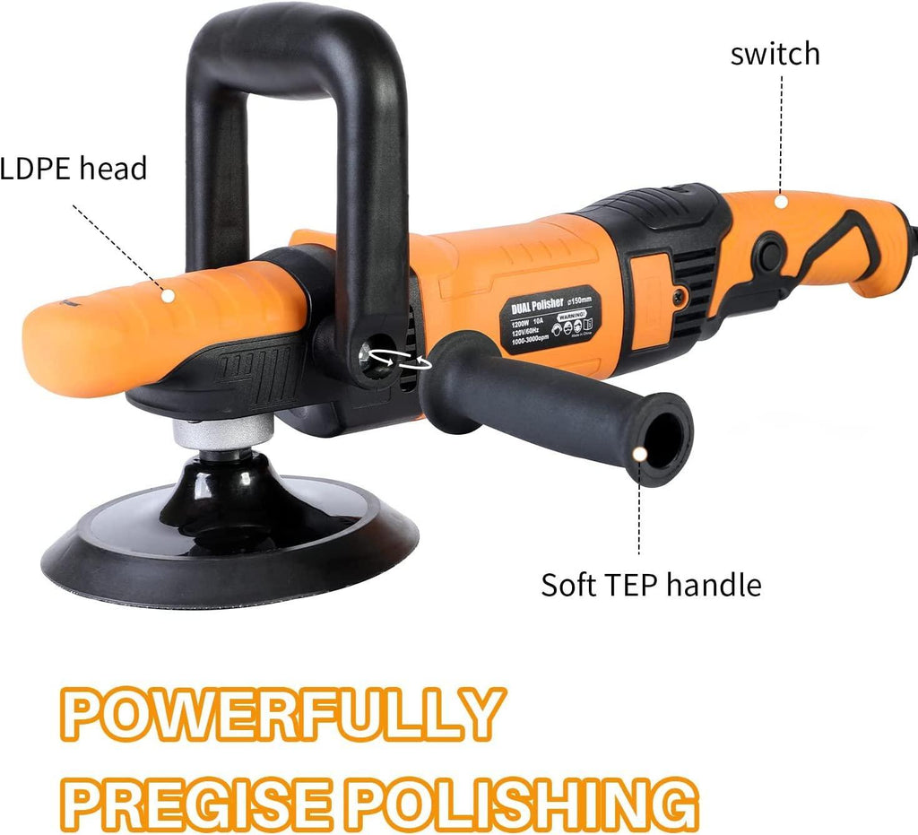 ShineJack 2:1 dual Polisher Car Buffer Polisher, 1200W/12A Dual Action Polisher with Variable Speed, Long-Throw Orbital Polisher for Car Detailing (1000-3000r)