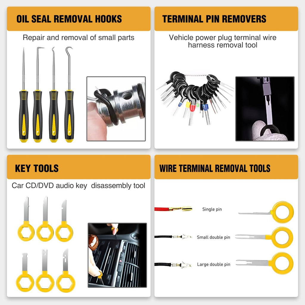 GOOACC 238Pcs Trim Removal Tool, Auto Push Pin Bumper Retainer Clip Set Fastener Terminal Remover Tool Adhesive Cable Clips Pry Kit Car Panel Radio Removal Auto Clip Pliers (GRC-207)